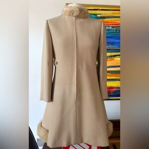 Beige Vintage Stegari NY 60’s Coat Fur Trim Rhinestone Buttons XS/S Subtle Swing
